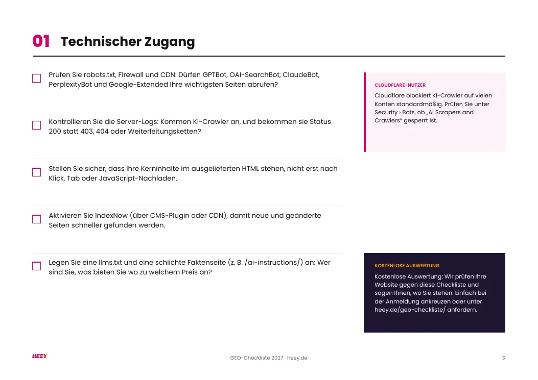 Beispielseite Technischer Zugang mit Prüfpunkten zum Abhaken